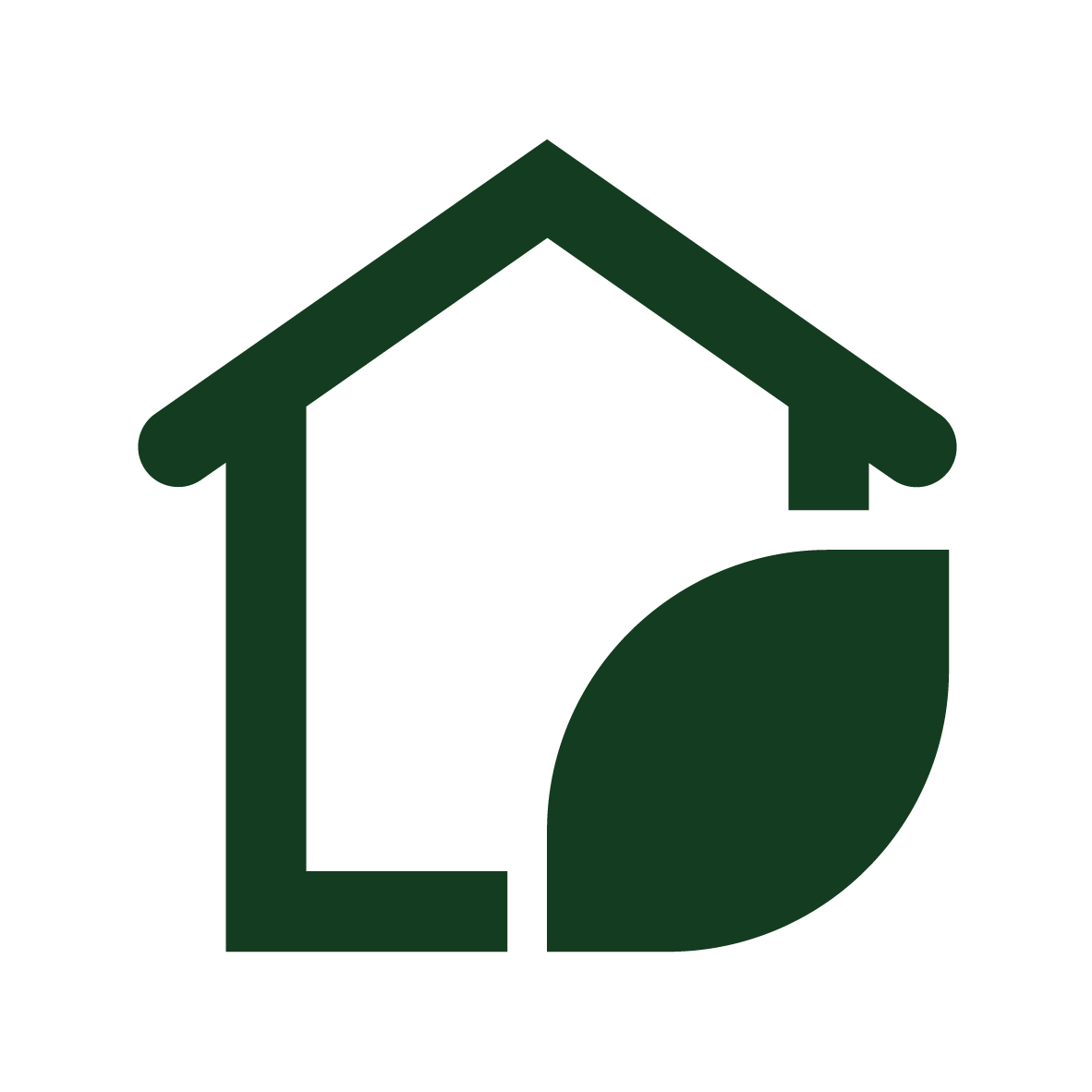 Icon eines Hauses mit einem Blatt, das für nachhaltige oder umweltfreundliche Architektur steht.