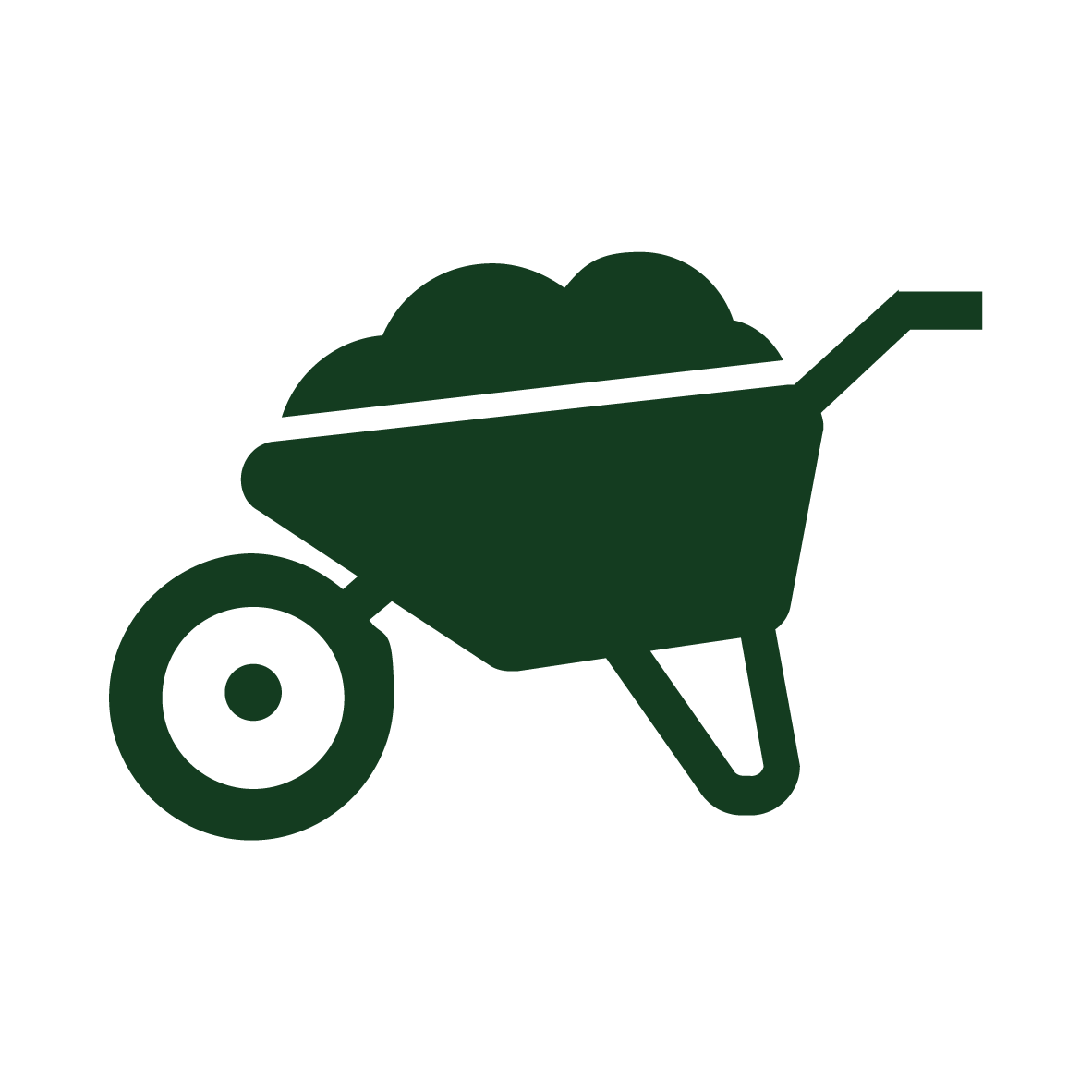 Icon einer Schubkarre, die zur Gartenarbeit oder zum Transport verwendet wird.