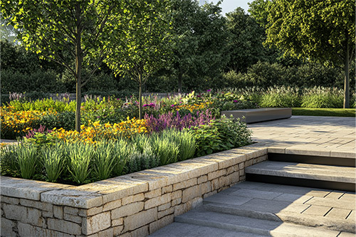 Moderner Garten mit Natursteinmauer, Stufen und farbenfrohem Blumenbeet in sonniger Umgebung