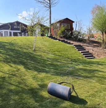 Neu verlegter Rasen mit leicht geschwungenem Gartenweg.